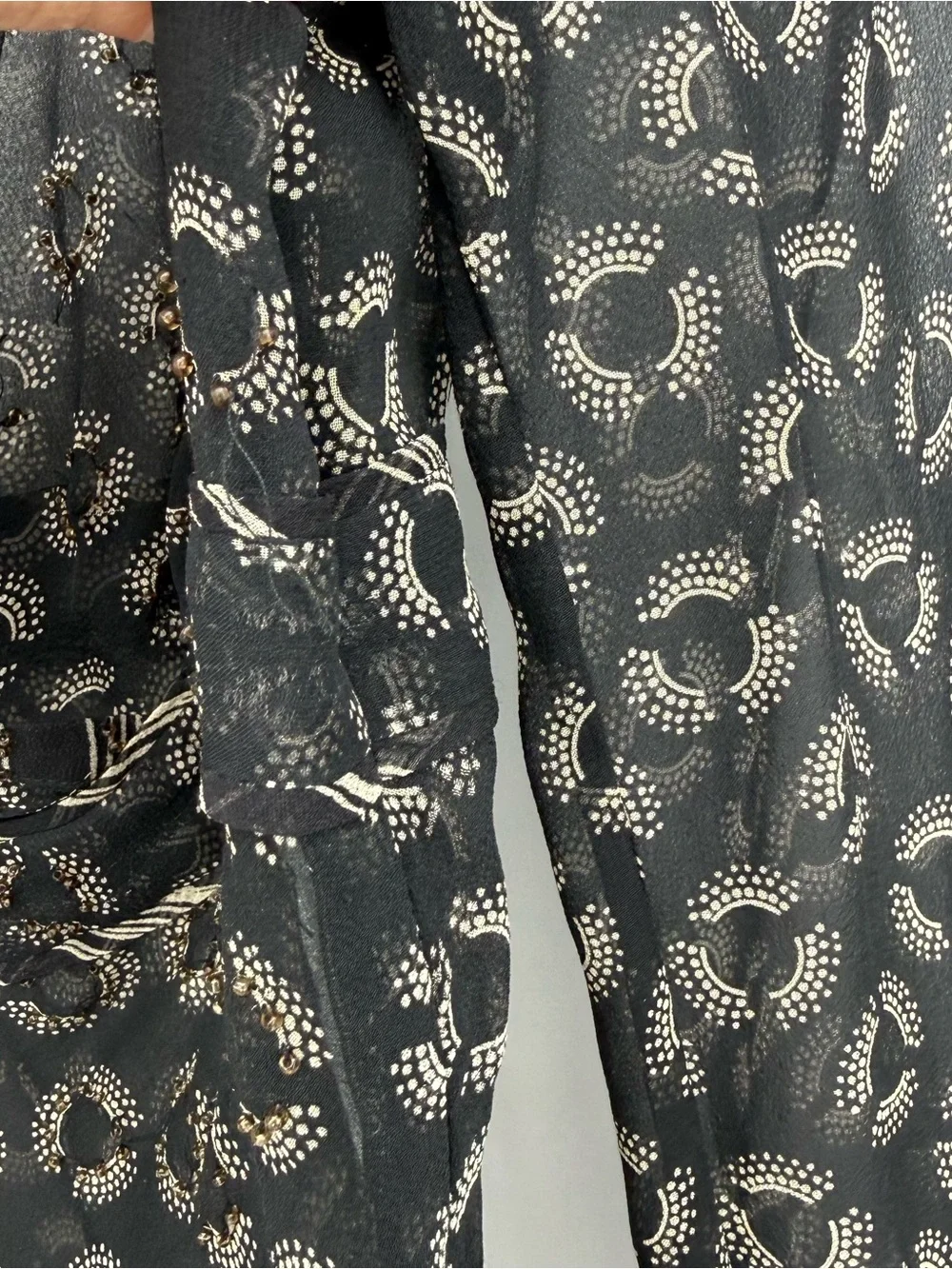 Willi Smith Silk Sheer Blouse Top Black Print Beaded Size Small Y2k
